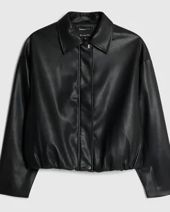 Black Faux Leather Bubble Hem Bomber Jacket