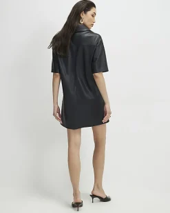 Black Faux Leather Pocket Detail Shirt Dress