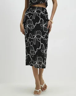 Black Floral Embroidered Midi Skirt
