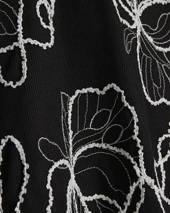 Black Floral Embroidered Midi Skirt