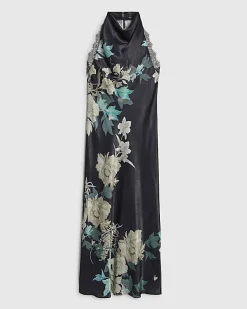 Black Floral Print Lace Trim Slip Dress