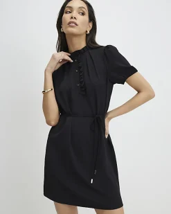 Black Frill Trim Short Sleeve Mini Dress