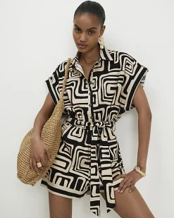 Black Geometric Print Linen Blend Playsuit