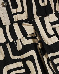 Black Geometric Print Linen Blend Playsuit