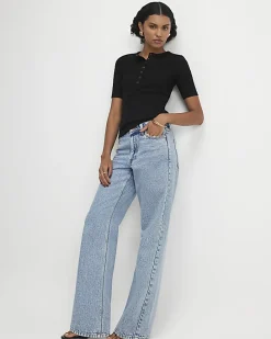 Black Henley Rib Top