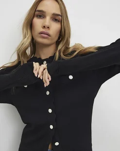 Black Knit Fitted Scallop Trim Cardigan