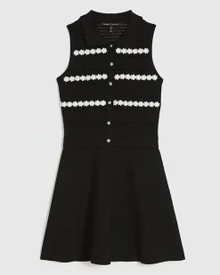 Black Knitted Flower Mini Skater Dress