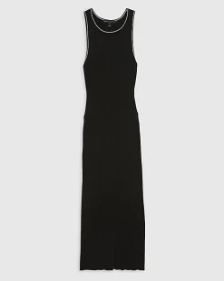 Black Knitted Racer Neck Ribbed Midi Dress
