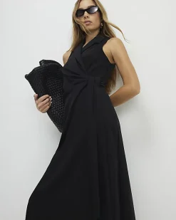 Black Knot Front Wrap Midi Dress