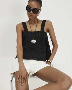 Black Lace Pearl Detail Smock Cami Top
