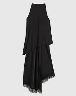 Black Lace Trim Asymmetric Midi Dress