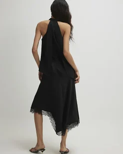 Black Lace Trim Asymmetric Midi Dress