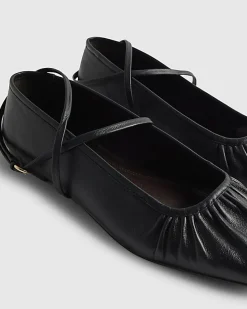 Black Leather Ankle Strap Flat Ballet Pumps