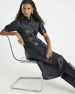 Black Leather Belted Shirt Dress