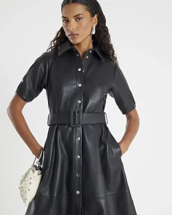 Black Leather Belted Shirt Dress