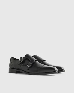Black Leather Double Buckle Monk Shoes