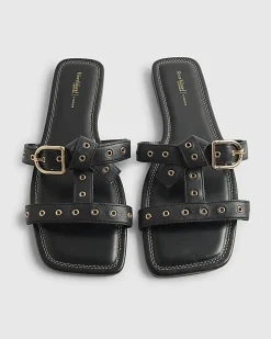 Black Leather T Bar Buckle Sandals