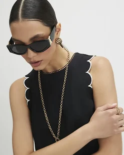 Black Linen Blend Scallop Trim Tank Top