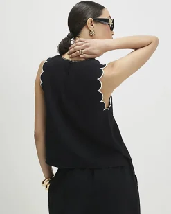 Black Linen Blend Scallop Trim Tank Top