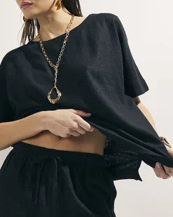 Black Linen Blend Short Sleeve Top