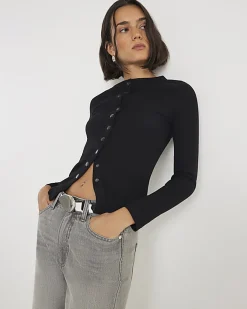 Black Long Sleeve Popper Through Ribbed Top