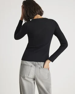 Black Long Sleeve Popper Through Ribbed Top