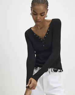 Black Long Sleeve Popper Ribbed Top