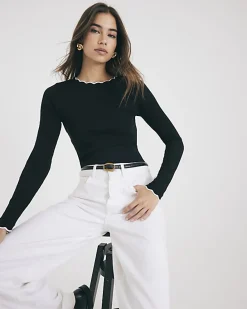 Black Long Sleeve Scallop Trim Top