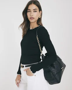 Black Long Sleeve Scallop Trim Top
