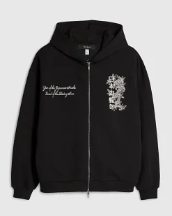 Black Oversized Fit Japanese Snake Zip Hoodie