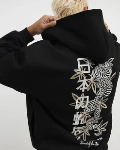 Black Oversized Fit Japanese Snake Zip Hoodie