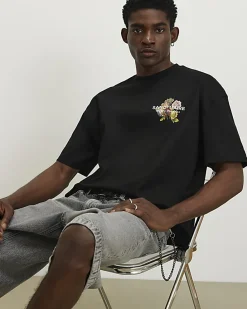 Black Oversized Fit Lightweight Print T-Shirt