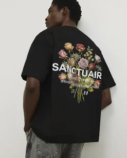 Black Oversized Fit Lightweight Print T-Shirt