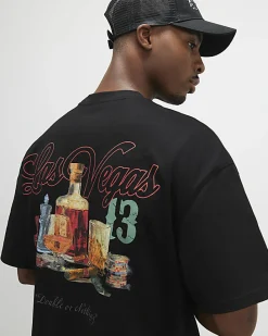 Black Oversized Fit Midweight Print T-Shirt