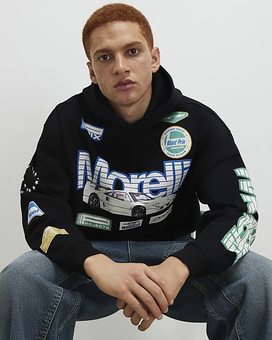 Black Oversized Fit Morelli Badged Car Hoodie