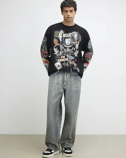 Black Oversized Fit Tattoo Graphic T-Shirt