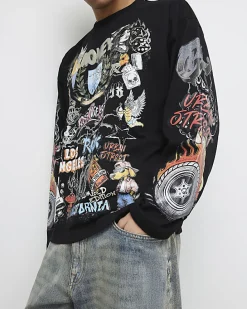 Black Oversized Fit Tattoo Graphic T-Shirt