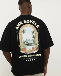 Black Oversized Fit Textured Graphic T-Shirt