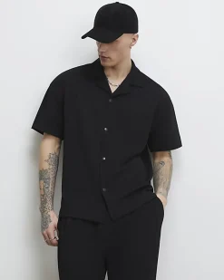 Black Oversized Fit Waffle Textured Shirt
