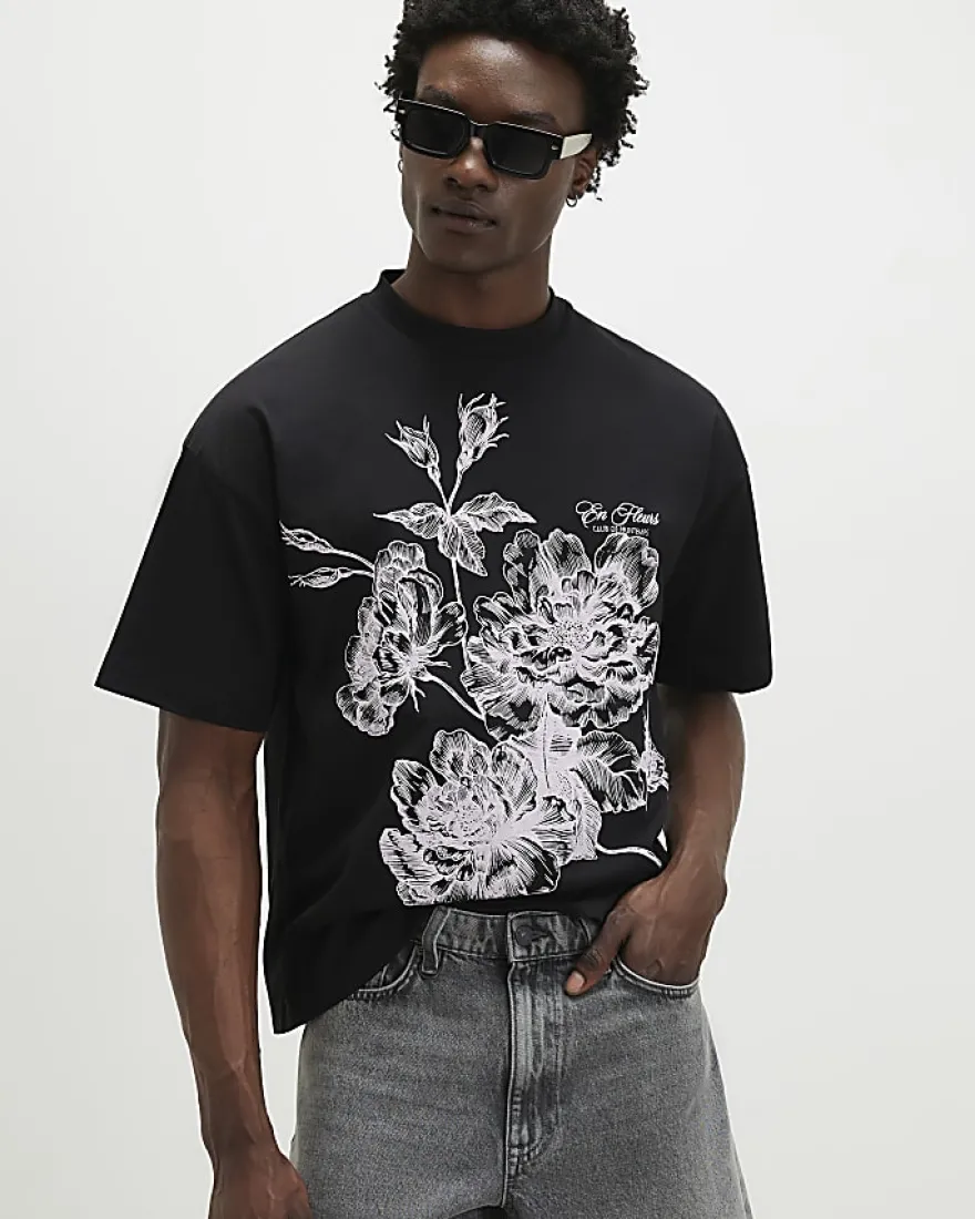 Black Oversized Floral Midweight T-Shirt