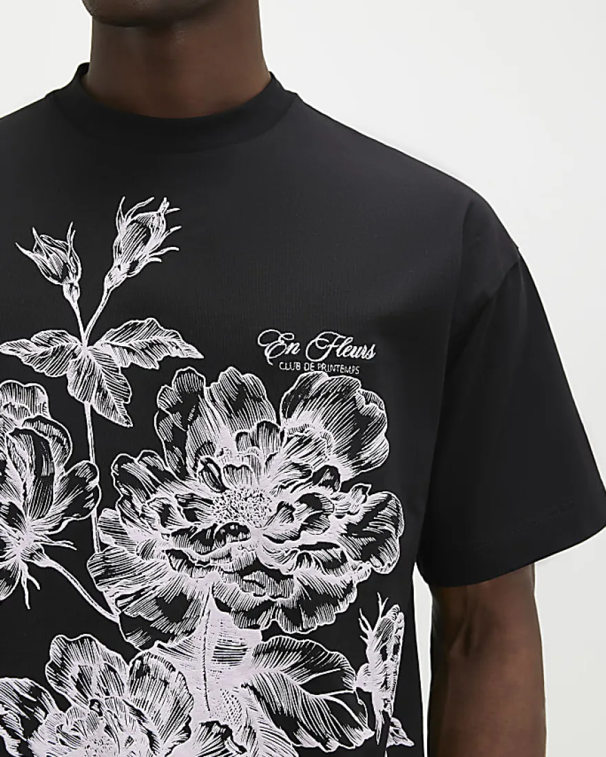 Black Oversized Floral Midweight T-Shirt