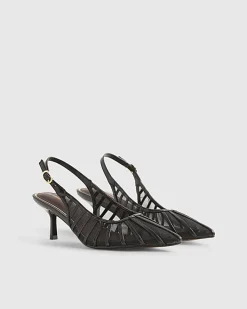 Black Panelled Mesh Slingback Court Heels