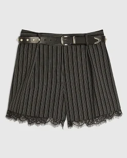 Black Pinstripe Lace Trim Shorts