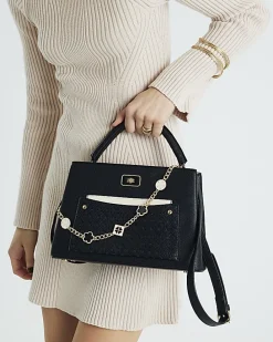 Black Pocket Front Charm Tote Bag