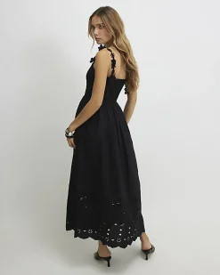 Black Poplin Broderie Tie Back Midi Dress