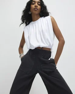 Black Pull On Elasticated Wide Leg Jeans