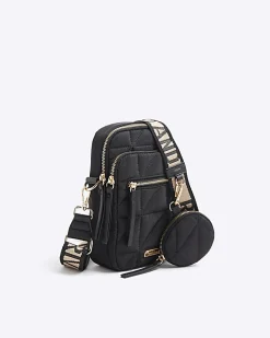 Black quilted zip pocket cross body bag