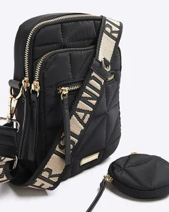 Black quilted zip pocket cross body bag