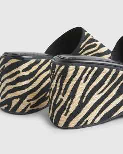 Black Raffia Zebra Print Mule Wedge Sandals