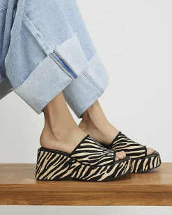 Black Raffia Zebra Print Mule Wedge Sandals